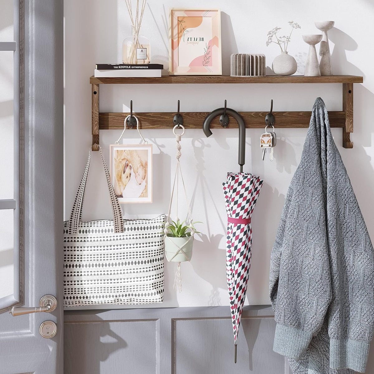 Wall Mount Coat Rack with Shelf & Hooks