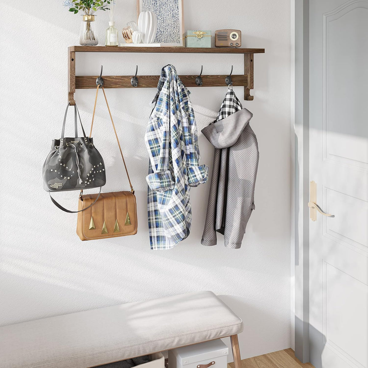 Wall Mount Coat Rack with Shelf & Hooks