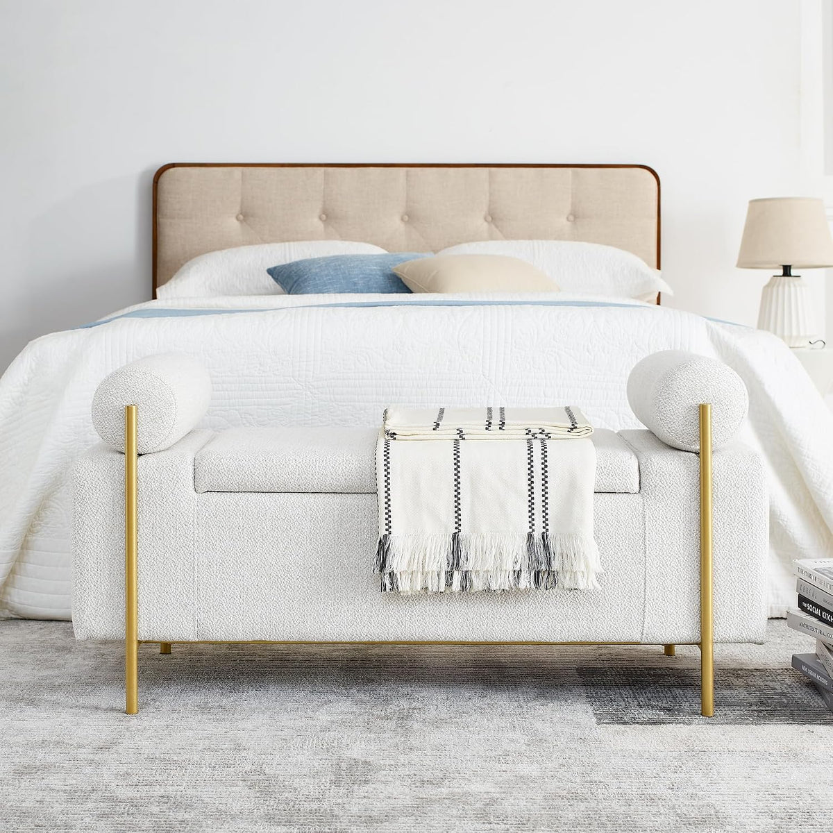 Modern Linen Storage Ottoman Bench with Gold Legs