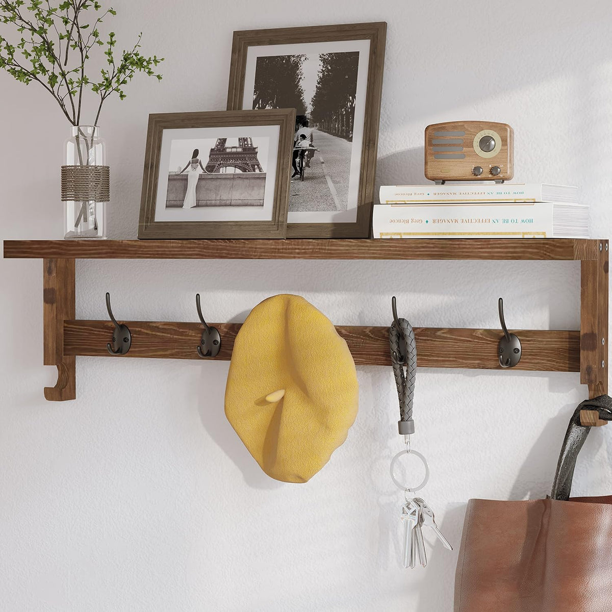 Wall Mount Coat Rack with Shelf & Hooks