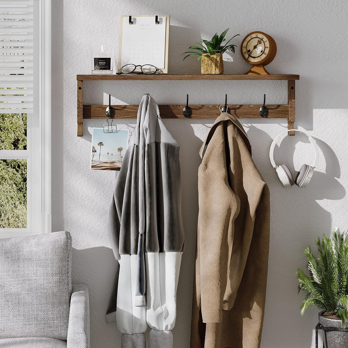 Wall Mount Coat Rack with Shelf & Hooks