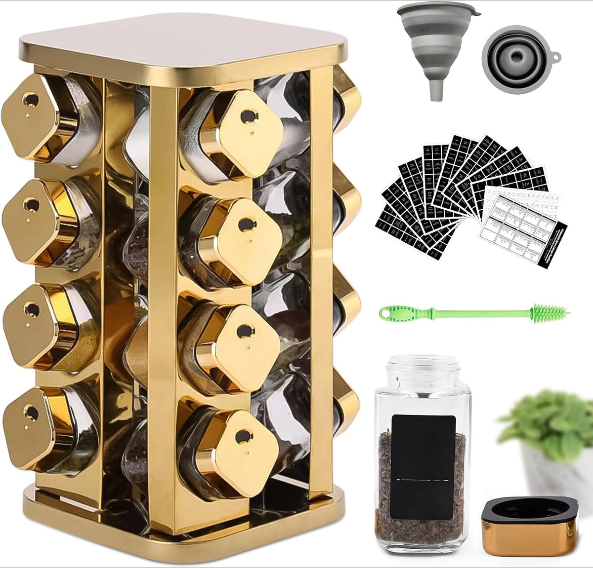 Stainless Steel Rotating Spice Rack with 16 Glass Jars